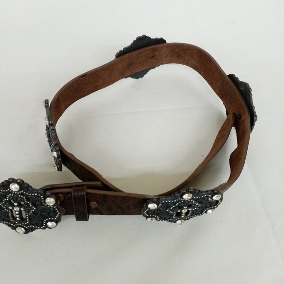 Tooled Leather Belt With Cross Buckle Rhinestone Conchos - Picture 4 of 9